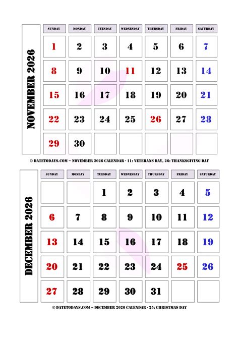 November December 2026 Calendar Printable