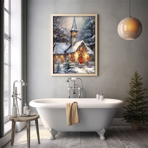 Snowy Church Painting, Winter Landscape Print, Christmas Printable ...