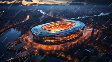 Premium AI Image | Aerial view of football stadium with lights and full gallery