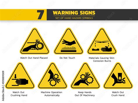 Set Of Isolated Hand Hazardous Symbols On Yellow Round Triangle Board