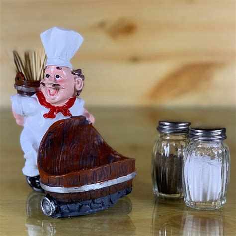 Fat Chef Salt Pepper Shakers With Toothpick Holder On Back Cycle Basket