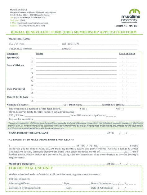 Fillable Online Burial Benevolent Fund Bbf Membership Application