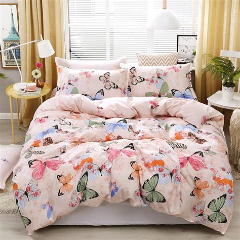 New Pink Bedding Set High Quality Butterfly Printing Bed Linings Duvet Cover Bed Sheet