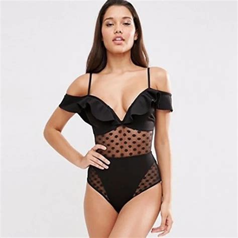 Sexy One Piece Swimsuit Women Mesh Halter Bikini Ruffled V Neck