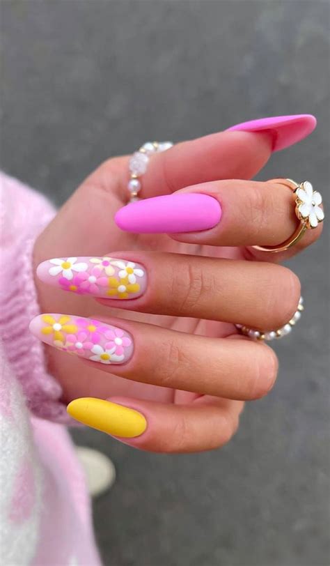 Cute Floral Nail Art Designs Pink Yellow Flower Almond Nails