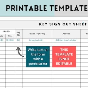 Key Sign Out Sheet, Signature List, Contact List, Sign in Out Form, Printable Key Sign Out Form ...