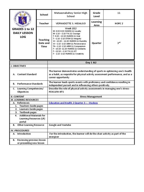 Dll Pe Q3 Week 1and2 Pdf Stress Biology Stress Management