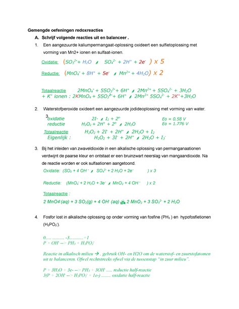 WE 10 A Oefeningen Redoxreacties Met Oplossigen Voor Studenten