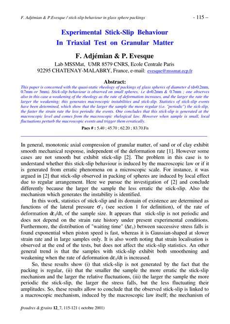 Pdf Experimental Stick Slip Behaviour In Triaxial Test On Granular Matter