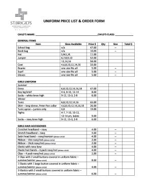 Fillable Online Stbofficer Catholic Edu UNIFORM PRICE LIST ORDER FORM