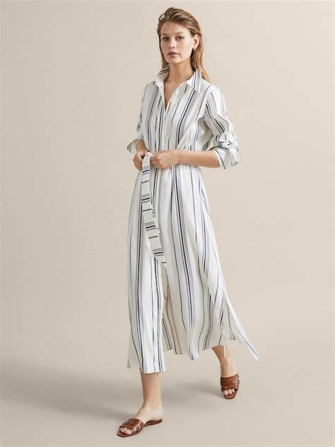 STRIPED LINEN DRESS WITH BELT Women Massimo Dutti Striped Linen