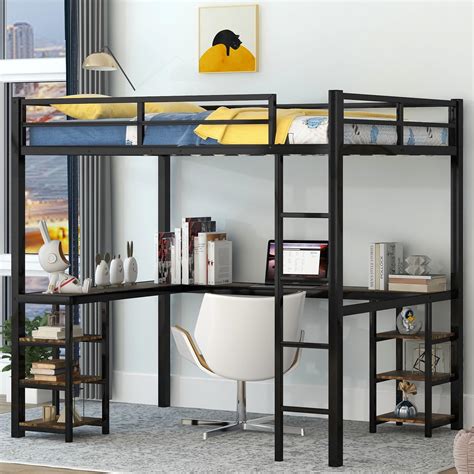 Buy Full Size Loft Bed With Desk And Build In Ladder Metal Loft Bed With Storage Shelves L