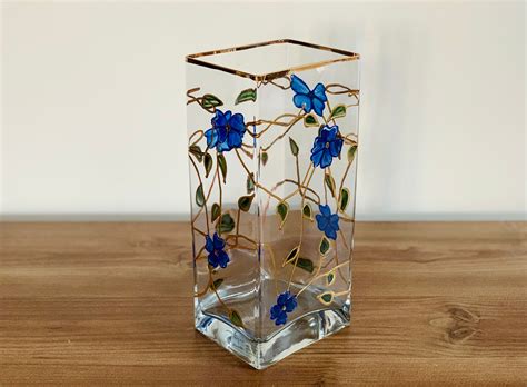 Vintage Rectangular Glass Vase Gold Trim Blue Gold Flowers Etsy