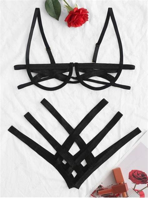 Off Underwire Caged Criss Cross Lingerie Set In Black Zaful