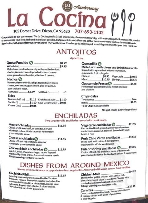 La Cocina Méxicana Restaurant Menus In Dixon California United States