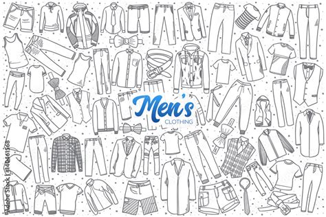 Hand Drawn Men S Clothing Doodle Set Background With Blue Lettering In