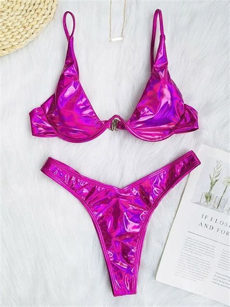 Emmiol Free Shipping Metallic Underwire Bikini Set Beetroot Purple