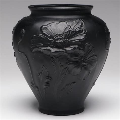 Tiffin Black Satin Glass Poppy Vase With Phoenix And Consolidated Glass Vase Ebth