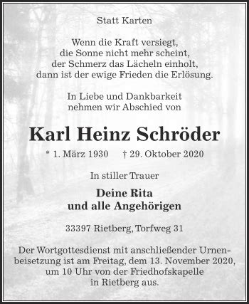 Traueranzeigen von Karl Heinz Schröder trauer glocke de