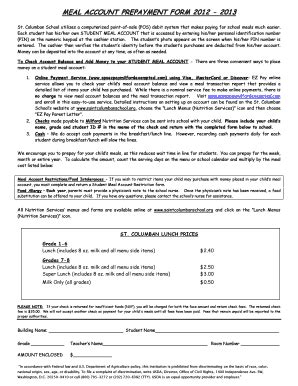 Fillable Online Saintcolumbanschool Meal Account Prepayment Form