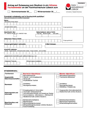 Fillable Online Antrag Auf Zulassung Zum Studium An Der Fachhochschule