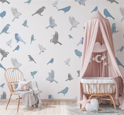 Blue Sparrow Birds Headboard Wallpaper / Nursery Birds Wall Decor ...