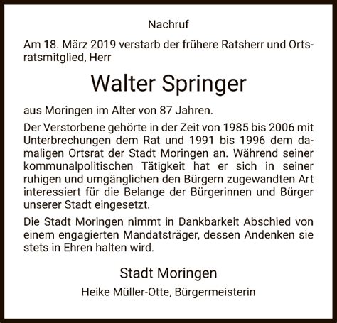 Traueranzeigen Von Walter Springer Trauer Hna De