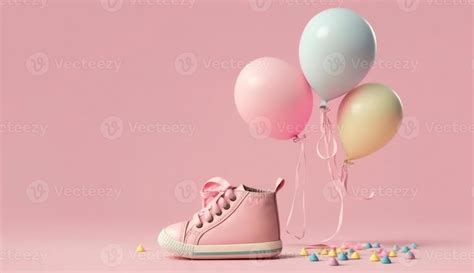 Pink baby shoes with colorful balloon on pink background with space for ...