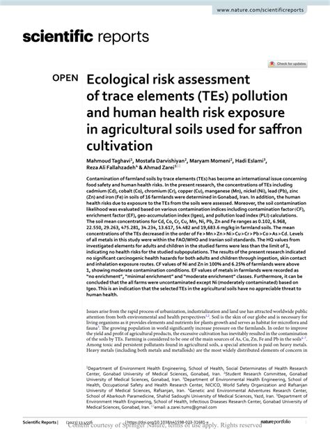 Pdf Ecological Risk Assessment Of Trace Elements Tes Pollution And