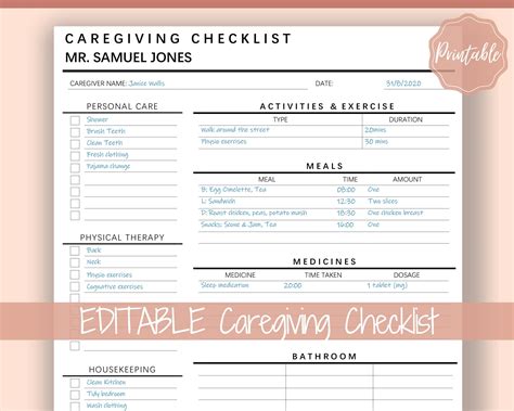 Editable Caregiving Elderly Care Checklist Care Log Template