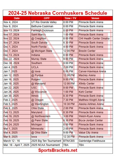 Printable 2024-25 Nebraska Cornhuskers Basketball Schedule; TV ...