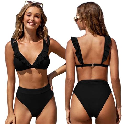 STRÓJ KĄPIELOWY DWUCZĘŚCIOWY BIKINI WYSOKI STAN MODELUJĄCY DAMSKI CZARNY M 141836777 ERLI pl