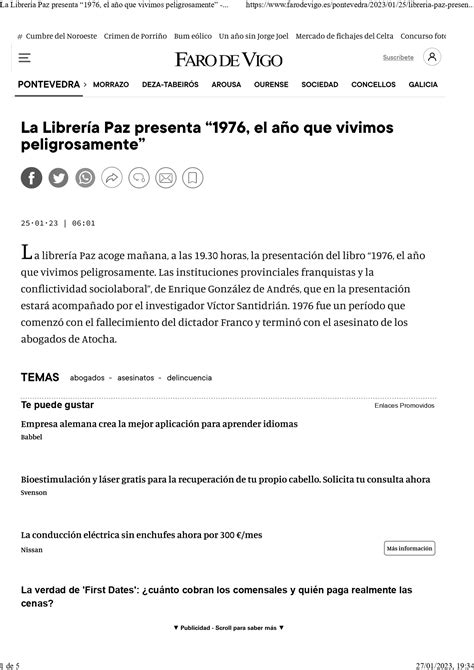 Presentación De 1976 El Año Que Vivimos Peligrosamente En La Librería Paz Pontevedra 26 De