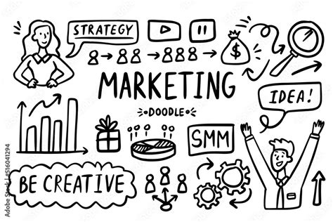 Marketing doodle vector set. Simple sketch outline office planning ...