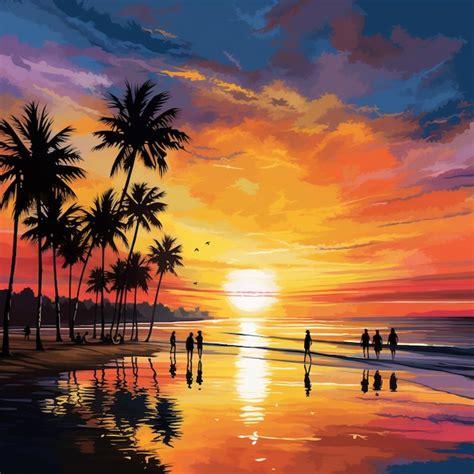 Pintura de pessoas caminhando na praia ao pôr do sol palmeiras