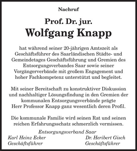 Traueranzeigen Von Wolfgang Knapp Saarbruecker Zeitung Trauer De