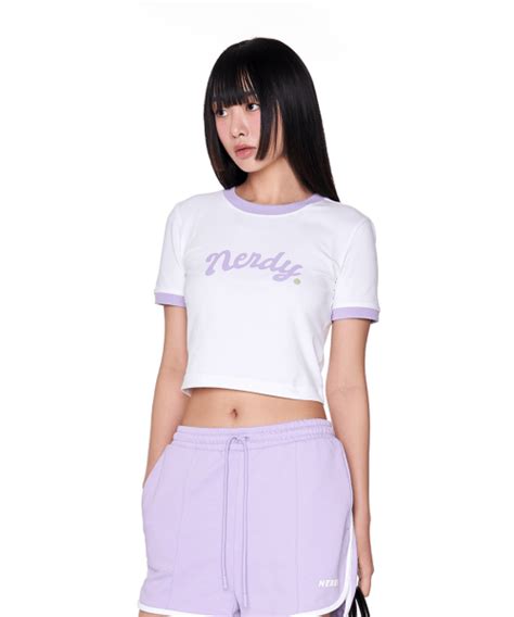 MUSINSA公式 NERDY Women s Cursive Logo Ringer Crop Short Sleeve T Shirt