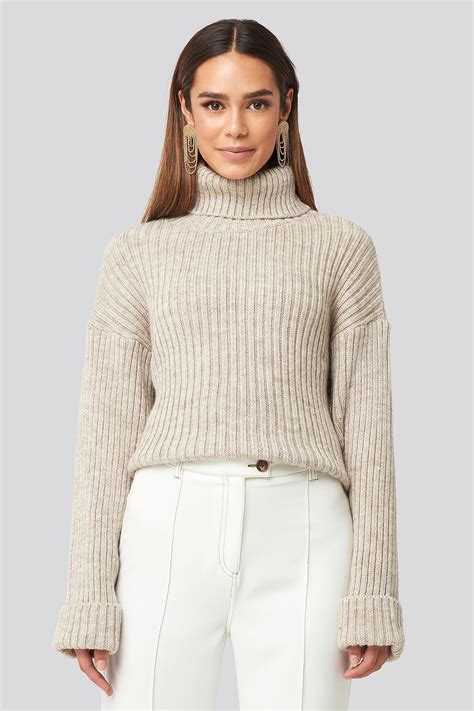 Ribbed Knitted Turtleneck Sweater Beige Na Kdfr