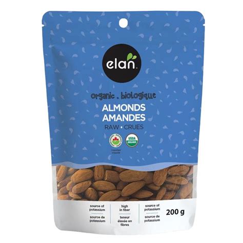 Organic Almonds From Elan Are Packed In A Blue Bag On A White Background