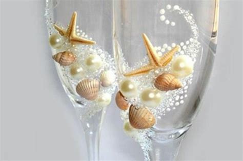 Deco Coquillage Verres De Champagne Mariage Marin Perles Seashell