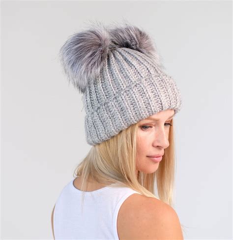 Pom Hat Women Double Pom Pom Hat Fleece Lined Hat Faux Fur Pom Hat