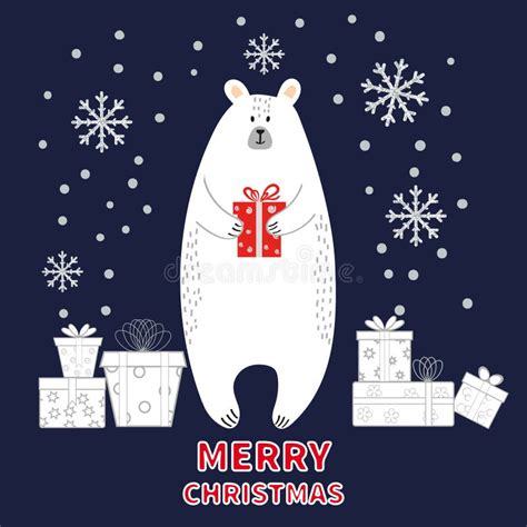 Merry Christmas Card With Cute Cartoon Polar Bear Stock Vector