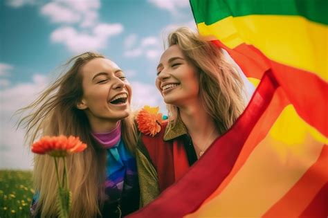 Premium Photo A Beautiful Happy Gay Lesbian Couple With Rainbow Colors In A Flower Field LGBTQ