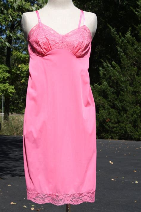 Vintage Full Slip Nylon Pink Hot Pink With Lace Lingerie Etsy