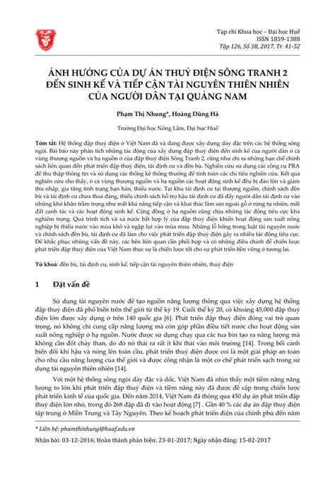 Pdf Ảnh HƯỞng CỦa DỰ Án ThuỶ ĐiỆn SÔng Tranh 2 ĐẾn Sinh KẾ VÀ TiẾp