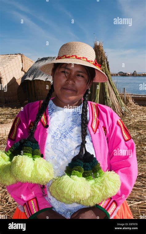 Uro Woman With Traditional Hair Decoration Peru Titicaca Stock Photo