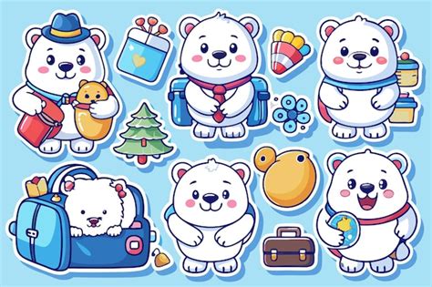 Cute Polar Bear Stickers With Various Activities And Objects Premium