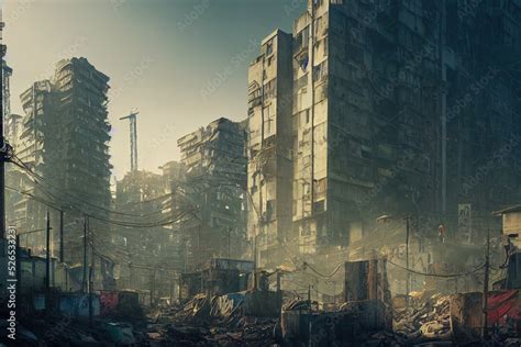 Empty Post Apocalyptic City Landscape Digital Painting Of Building In