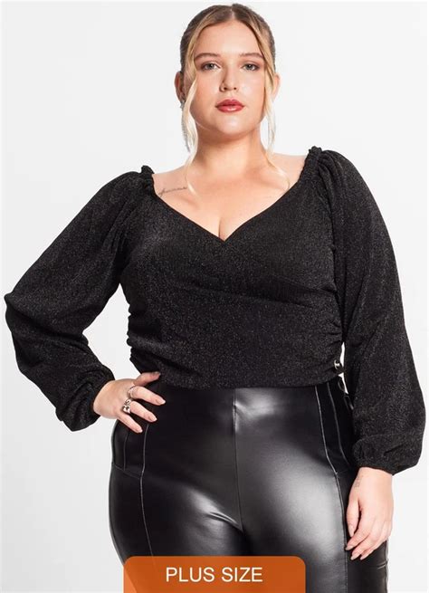 Blusa Manga Longa Feminina Plus Size Preto Secret Glam