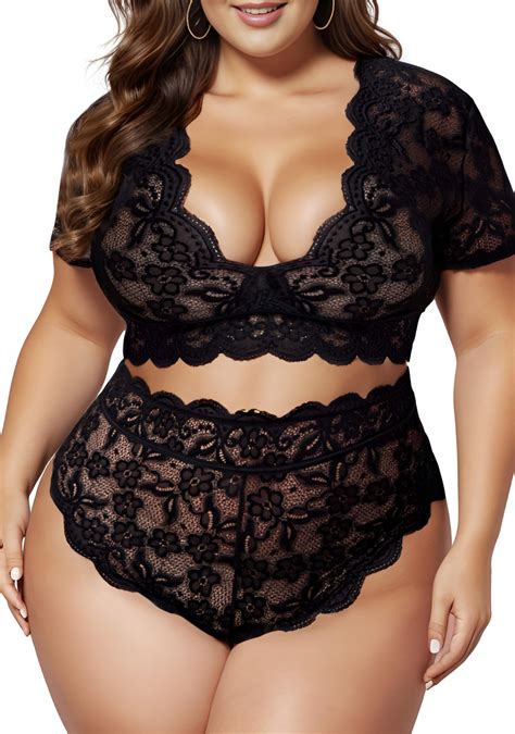 Plus Size Piece Lingerie Set For Women Sexy Deep V Allover Lace Bra And Panty High Waist